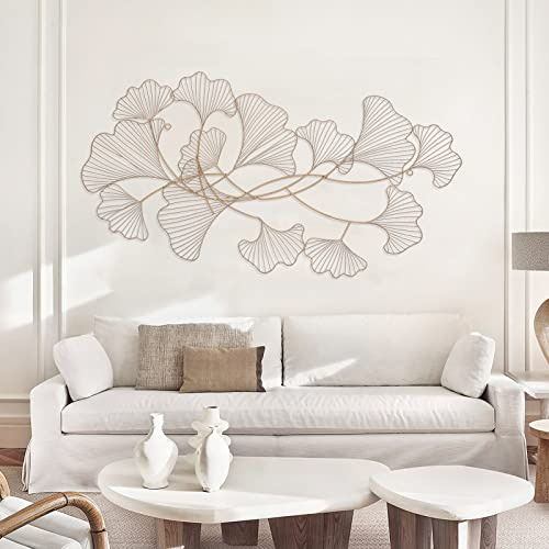Gingko-Blatt Wanddekoration, Gingko Blatt Metall Wandkunstskulptur, Dekor Gold Ginkgo Wanddeko Wandschmuck, kreative Metallwandskulptur, für Wohnzimmer, Schlafzimmer, 120 x 57 cm