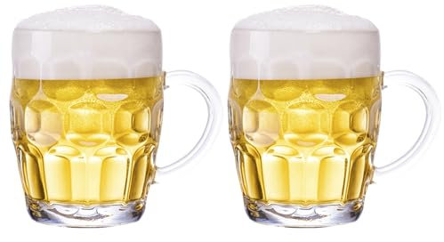 TUSAPAM Dimple Stein Bierkrug-Set, 590 ml, Biergläser mit Griff, Glas-Bierkrug, spülmaschinen- und gefriergeeignet, klar und stabil, 2er-Set