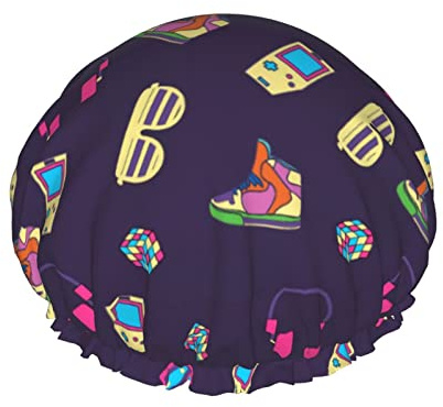 Duschhaube, Retro-Stil, 80er, 90er, Vintage, wiederverwendbare Bade-Duschhauben für Frauen, langes Haar, doppellagig, wasserdicht, Bade-Duschhut, Haarschutz für Mädchen und Frauen, 1 Packung