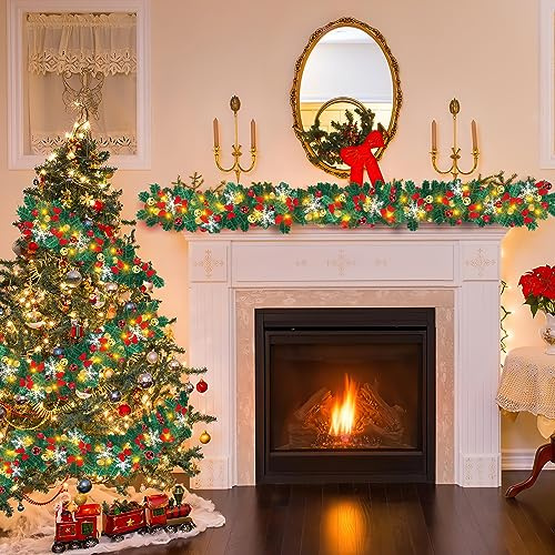Ikodm Weihnachtsgirlande, 2er 5m Künstliche Tannengirlande mit 100 LEDs Warmweiß inkl.Deko und Fernbedienung, Weihnachtsdeko USB 8 Modus Lichterketten,Weihnachten Girlande
