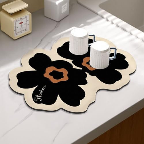 Hixingo Súper Absorbente Bayeta Escurreplatos, Antideslizante Dish Drying Mat Dos Flores Alfombra Escurreplatos，Diatomita Alfombrilla Cafetera (40x60cm,Flor Negra)