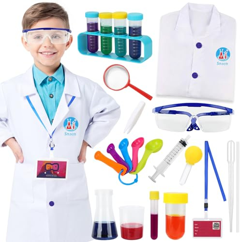 Hifot 23 Piezas Disfraz de Científico,Disfraz Medico Niño Niña Bata de Laboratorio con Gotero Gafas Kit de Experimentos Juego de rol 4-8 años