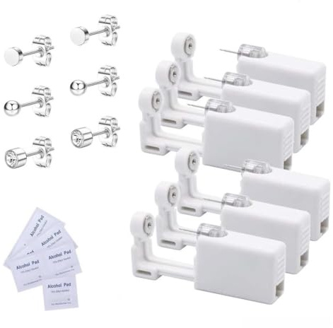 Voarge 6 Stück Ohrlochstechpistole, Einweg-Steril-Sicherheits-Ohrnasen-Piercing-Pistolen-Kit Schmerzfreies Selbst-Piercing-Werkzeug mit Ohrstecker-Asepsis-Pierce-Kit