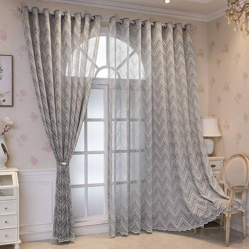 Daesar Vorhänge Lichtdurchlässig 2er Set, Gardinen Halbtransparent Ösen mit Wellen Motiv 107x132CM Grau Vorhänge Schlafzimmer Wohnzimmer Küche
