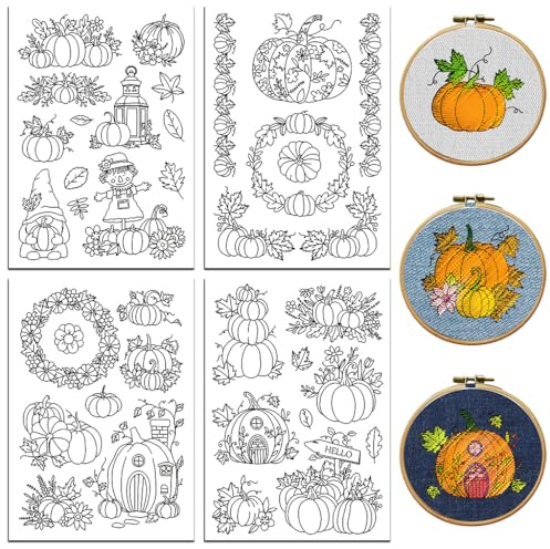peacoblue Stickvorlagen Wasserlöslich für Anfänger 4 Sheet Kürbisse & Ahornblätter im Herbst with 37pcs Muster, Wash Away Stick and Stitch Auflösbares Stickereipapier für Handnähbegeisterte Frauen | 4 Blatt Stickvorlagen mit 37 Stück, Aufbügelbare Stickhilfe zum Abwaschen für Handstickerei Anfänger und Kreative