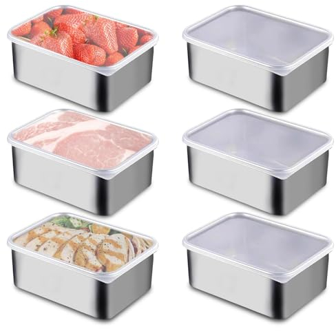 GOMETY 6 contenitori salvafreschezza in acciaio inox con coperchio, in acciaio inox, dimensioni perfette, 13,5 x 10,5 x 5,5 cm, per contenitori Meal Prep, impilabili, per forno, congelatore