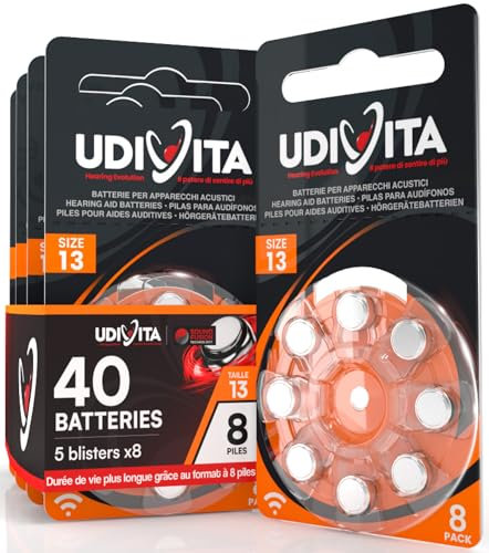 40 Batterie per Apparecchi Acustici Udivita Misura 13 PR48 (Arancioni) con Tecnologia Phono Pulse - 5 Blister da 8 Pile