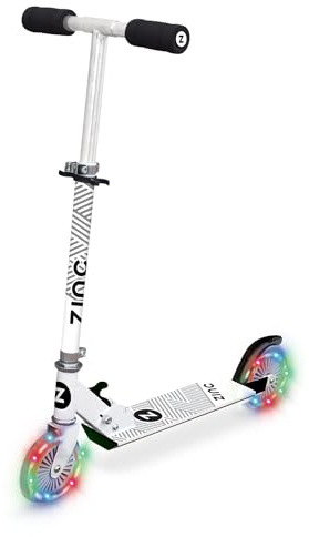Zinc Trottinette Pliable à 2 Roues – Blanc – Roues LED Lumineuses, Pont antidérapant, poignées Souples, Hauteur réglable, Trottinette pour Enfants de 3 Ans et Plus