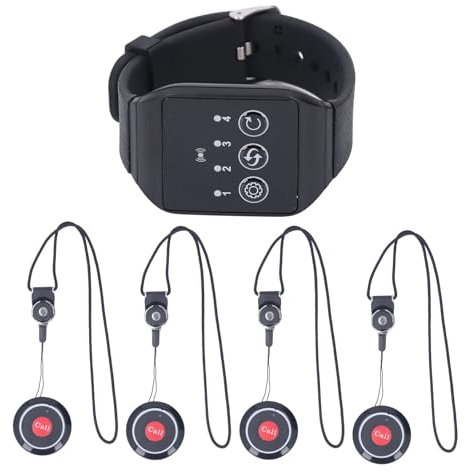 Schnurloses Restaurant-Service-Rufsystem, 1 Uhr und 4 Tasten-Pager, Wasserdicht, Pflegepersonal-Pager mit mit Hoher Kapazität und Langer Standby-Zeit, Ideal für Zuhause