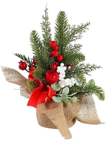 Belupai Mini-Weihnachtsbaum mit Sackleinenbasis, 30 cm, Künstliche Miniatur-Kiefer, Weihnachtsthema, Rote Kirsche, Goldene Kugel, Tannenzapfen, (Kleine weiße Kugel der roten