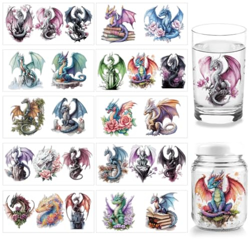 arricraft 10 Stück Drachen UV DTF Cup Wrap Transferaufkleber 10 Stile Transferpapier Mit Fliegenden Tieren Zum Aufreiben PVC Cup Wrap Wasserfeste Abziehbilder Für Schreibtisch Tassen Glas 24x11cm