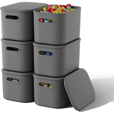 ORGIDOL 6 Pack Grey Storage Bins with Lids Stackable Storage Container for Organizing, Storage Boxes with Handle for Shelves, Cute Organizer Bins for Craft, Snacks, 9.85x6.9x5.7 inch