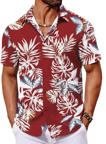 COOFANDY Hommes Hawaiian Chemise Manches Courtes été Chemise Vacances Plage Chemise Funky Hawaiian Chemise Hommes Flamingo Shirt Party Aroha Shirt Feuille de Palmier Rouge XXL