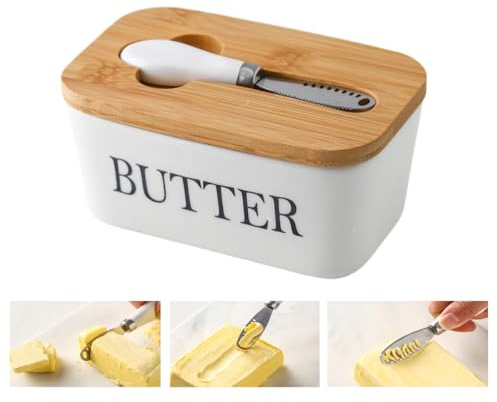 Butterdose aus Keramik mit Holzdeckel, großer Butterbehälter, Aufbewahrung mit Edelstahl-Buttermesser-Streuer, Bambusabdeckung und Silikon-Dichtungsring für West East Coast Butter (Weiß, 610 ml)