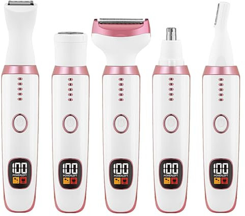 Afeitadora eléctrica para mujer, batería de 600 mAh 5 en 1 con pantalla digital con 5 cortadores de acero inoxidable reemplazables, recortadora recargable de 5 V 1 A 3 W, afeitadora húmeda y