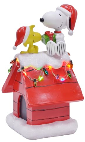 Mark Feldstein, Peanuts Snoopy's Dog House Tabletop Holiday Figurine with LED Christmas Lights, Red, 7.5 Inch