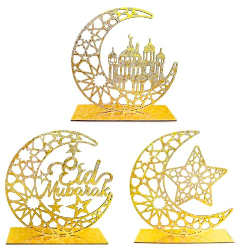 CaiTang 3 Pcs Eid Mubarak Décoration en Bois, Bois Decoration Ramadan Lune Étoile, Ramadan Decoration en Bois Doré,Ornement E n Bois Eid Mubarak pour Fête Musulmane