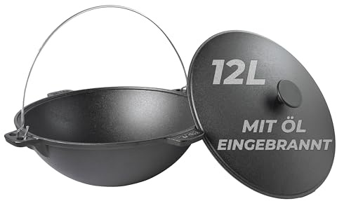 BIOL Fonte Kazan 12 litres avec anse et couvercle en fonte, quatre poignées, cocotte pour cuisiner, braiser, rôtir, frire, wok pour Plov, feu ouvert, camping, extérieur
