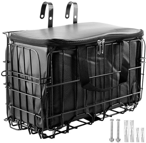 SUQ Collapsible Bike Basket with Black Nylon Liner Bag, Steel Wire Front Bike Basket, for Pet, Shopping, Commuter, Camping and Outdoor（Black）