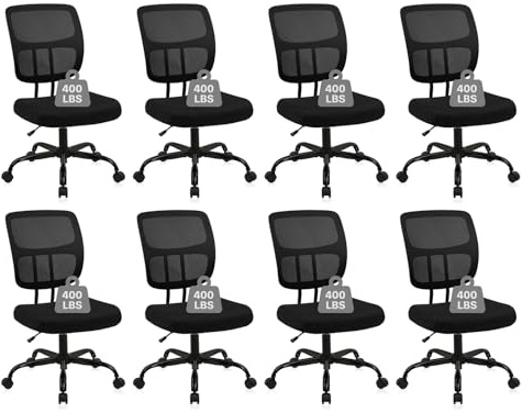 CLATINA Armless Home Office Chair, Small Ergonomic Mesh Back Desk Chair with Lumbar Support and Wheels, Adjustable Height 360° Swivel Rolling Computer Chair for Conference Waiting, Black, 8Pack