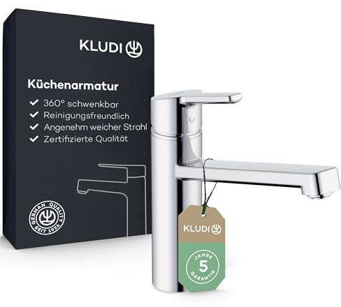 KLUDI-M3 Wasserhahn Küche 360° schwenkbar, Küchenarmatur mit 1 Strahlart, Mischbatterie Küche mit komfortabler Auslaufhöhe von 17 cm, Armatur Küche leichte Reinigung, Chrom