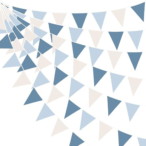 32Ft Dusty Blue Bunting Banner Party Decorations Retro Blue Fabric Triangle Flag Pennant Garland Streamer for Nautical Ahoy Achor Birthday Wedding Bridal Baby Shower Under The Sea Hanging Decor