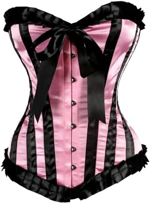ClothoHub Victorian Satin Overbust Corset, Pink and Black Striped, Steel Boned Bustier with Bow (UK, Alpha, XS, Regular, Regular, Pink)