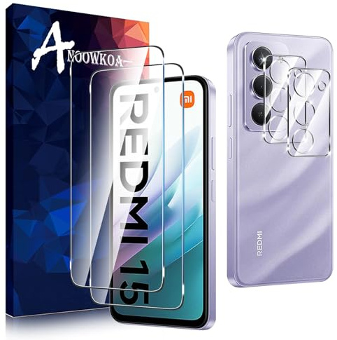 Anoowkoa 2+2 Pezzi Vetro Temperato per Xiaomi Redmi 15 4G/5G + Fotocamera Pellicola Protettiva,Protezione Schermo Anti Graffio Ultra Resistente