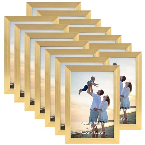 Hoikwo 14 Packs 4x6 Gold Multi Plastic Picture Frames Set with Plastic Cover for Family Photos, Artwork, Light Weight Bulk 4 by 6 Frames Pack for Wall Hanging and Table, Stylish Picture Frames