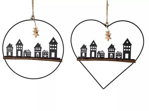 Deko-Hänger aus Metall & Holz – rund oder Herz – Hirsch mit Baum oder Häuserzeile – Wand- & Fensterdeko Winter Weihnachten (Häuserzeile 30cm)
