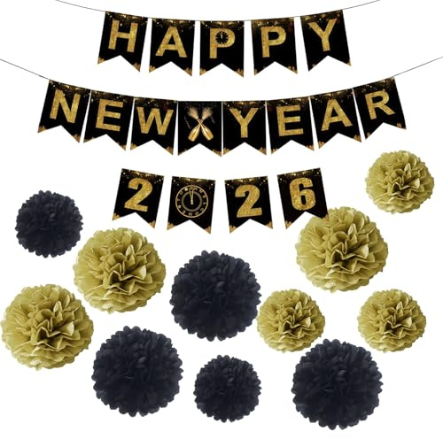 13-teiliges Happy New Year Banner Set, inklusive 12 schwarz-goldenen Papierblumen, ideal für Silvesterfeier und Neujahrsparty Dekoration, einfach zusammenzubauen, für unvergessliche Momente
