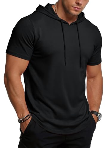 MAGCOMSEN Short Sleeve Hoodies for Men Workout Athletic Gym Moisture Wicking Sweatshirt Summer Hooded T Shirts Black