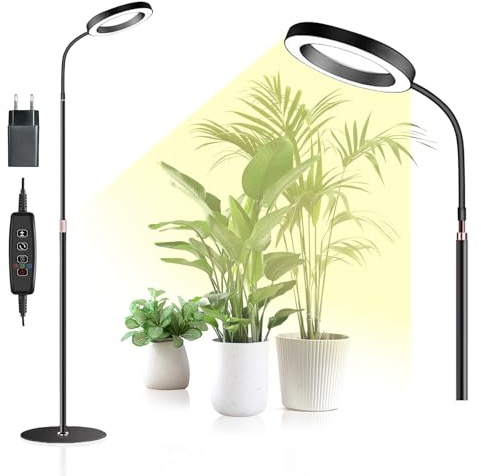 Lámpara para Plantas LED, luz de crecimiento plantas con Temporizador 6/12/16H, 3 Modos Luz & 10 Niveles Brillo, Altura Ajustable 57-165cm, Grow Light con temporizador y adaptador