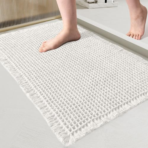 Swsen Waffel-Badematte aus Baumwolle, rutschfeste Badezimmermatte, saugfähig und schnelltrocknend, waschbarer Badteppich für Dusche und Bad, Weiß, 40 x 60 cm