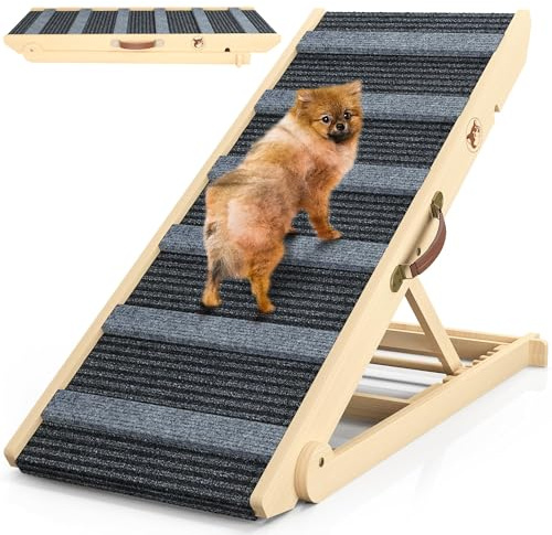 Hunderampe aus Holz, verstellbare Rampe Hund für Sofa, Bett oder Auto, 7-stufig höhenverstellbar 28–68 cm, tragbar, rutschfeste Hundetreppe mit Teppich, ideal für kleine und ältere Hunde, bis 90 kg