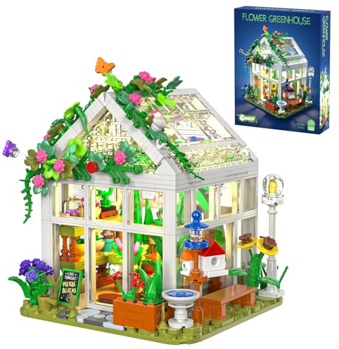 Flower House Building Set with LED Light, Botanical Construction Kit | Garden House Building Toy for Home Decoration, Creative Greenhouse Playset, for Girls Valentine's Day Birthday Gift