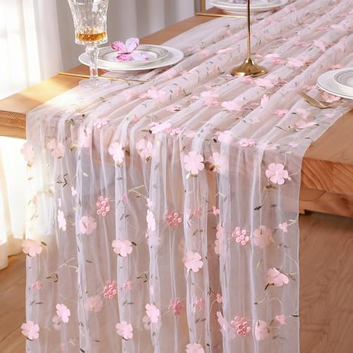 Weldomcor Frühling Tischläufer Rosa, 76×305 cm Gaze Tischdecke mit Blumen Stickerei, Käsetuch Tischdecken Spitze Tüll Stoff Tischband für Hochzeit Geburtstag Urlaub Party Küche Drinnen Tischdeko