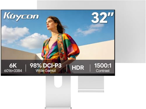 Kuycon G32X Monitor 31.5 pollici 6K 6016x3384, Minimalista con supporto | schermo opaco 1500:1 IPS 500 nit 60Hz 10 bit 98% DCI-P3 80Gbps ricarica 100W con supporto regolabile e telecomando