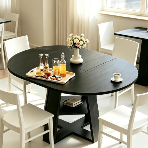 Hawthyhome rund Esstisch Ausziehbar für 4-8 Personen, 110cm Wohnzimmertisch Erweiterbar mit Teleskopfunktion, Platzsparender küchentisch Esszimmer Wohnzimmer, Modern Industrie-Stil, Schwarz