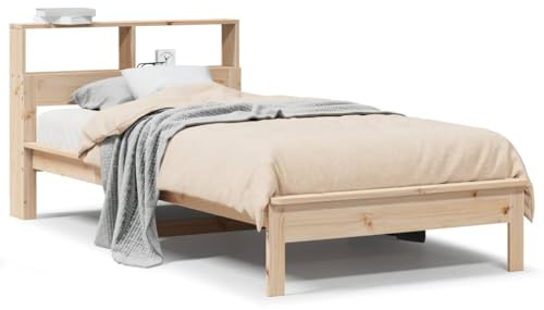Foknhdi Massivholzbett 90x190 cm aus Kiefernholz, Einzelbett mit integriertem Regal im Kopfteil, Stabiles Holzbett für Schlafzimmer, Rustikales Design mit Lattenrost
