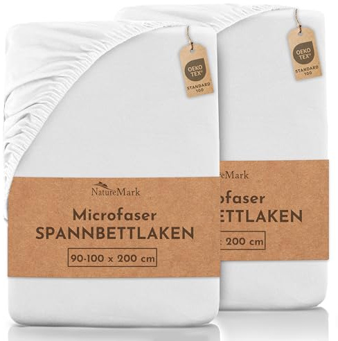 NatureMark Mikrofaser SPANNBETTLAKEN 2er Pack zum Sparpreis! viele Größen und Farben Markenware (Bettlaken 90 x 200 cm - 100 x 200 cm - Weiß)