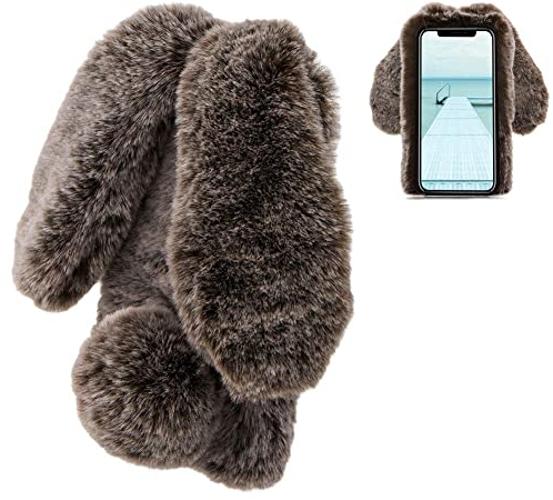 LCHDA Plüsch Hülle für iPhone X/iPhone XS 5.8 Zoll Künstlicher Haar Flauschige Kaninchen Handyhülle Mädchen Süße Hasen Ohren Fell Niedlich Handytasche Stoßfest Schützend TPU Silikonhülle-Braun