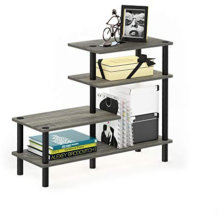 Furinno TURN-N-TUBE Storage Shelves, 4-Tier Ladder Book Shelf, Accent Display Shelf, Toolless Open Shelves, Round Tubes, for Organization and Storage, Living Room, Garage, Home Office, French Oak