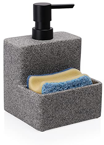 ZCCZ Küchen Accessoire – quadratischer Seifenspender in Stein-Optik, Küchen-Organizer für Flüssigseife, Geschirrspülmittel, Schwamm – Hochwertiger Spülmittelspender mit Auffangschale in Grau, Granit