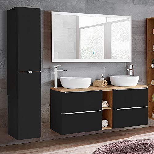 Lomadox Badmöbelset mit 140 cm Doppel-Waschtisch inkl. 2 Aufsatzbecken, Hochschrank, in seidenmatt anthrazit & wotaneiche, Touch LED Spiegel