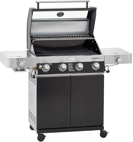 RÖSLE Gasgrill BBQ-Station VIDERO G4-S Schwarz, Grill mit 4 Edelstahlbrennern, extra Primezone und Seitenbrenner, klappbare Seitentische, VARIO+, pulverbeschichteter Stahl