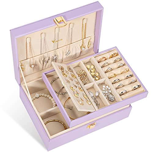 Voova 2-Layer Jewelry Box Organizer, Jewellery Storage Case Lavender | PU Leather Jewlerrying Display Holder for Women Girls with Removable Tray Ring Earring Bracelet Necklace Holder
