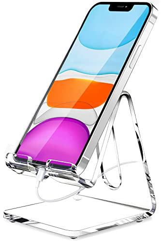 Crpich Acrylic Cell Phone Stand, Portable Clear Phone Stand for Desk, Compatible with Phone15 14 13 Pro Max Mini 12 11 Plus SE, Switch, Android Smartphone, Pad, Tablet, Desk Accessories