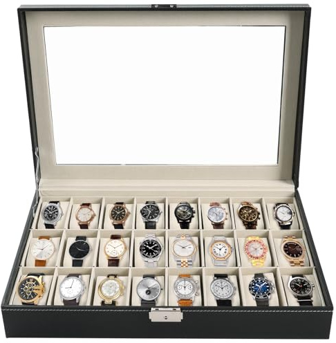 AMGSH Watch Box 24 Slot Elegant Portable Black Watch Collection Box Case jewelry Men & Women