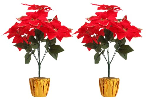Fofetbfo 2 Stück 45 cm rote Weihnachtsstern-Pflanze, künstliche Weihnachtssterne im goldenen Topf, Seiden-Glitzer-Weihnachtsstern, Blumenstrauß für Weihnachten, Urlaub, Tischdekoration